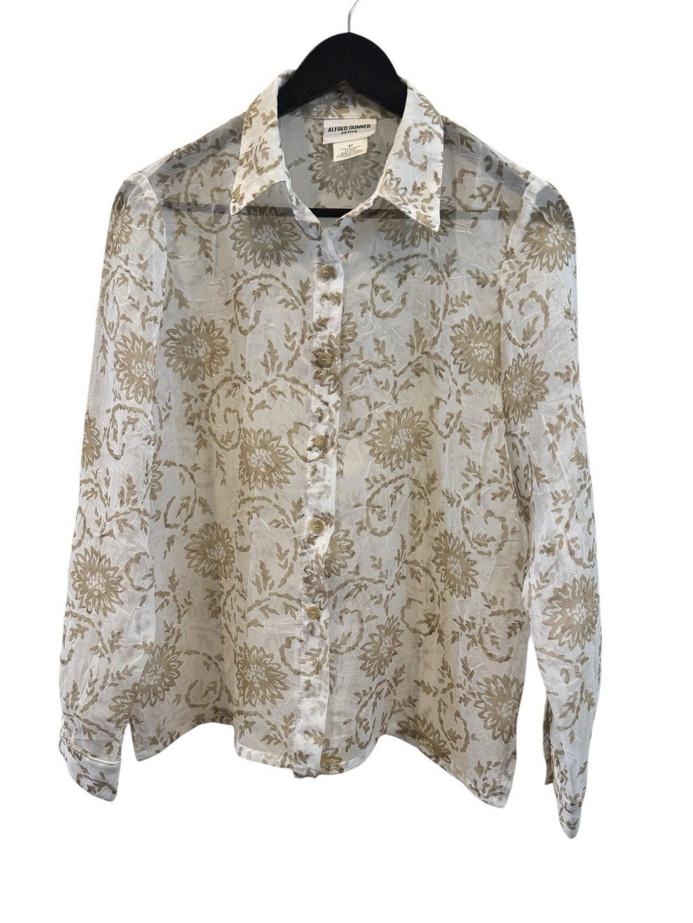Alfred Dunner Petite Floral Sheer  Button-Up Blouse - Cream & Tan